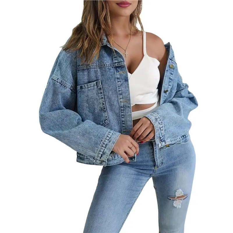 سترة SYW-Women's قصيرة فضفاضة كاجوال بجيب كبير من قماش الدنيم