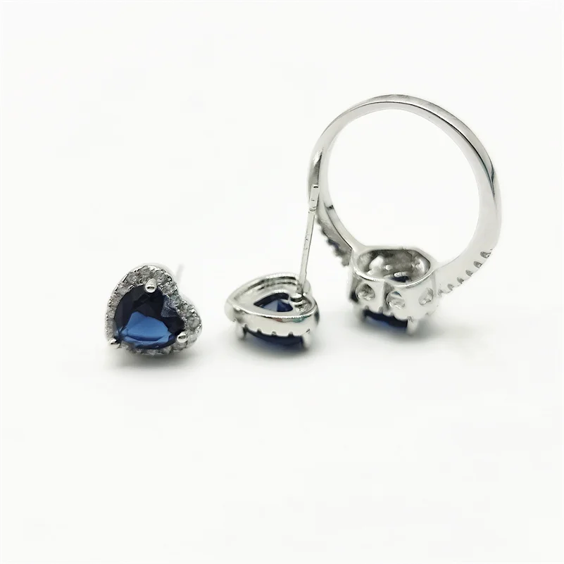 CC Heart Jewelry Sets 2pcs Ring Stud Earrings For Women Blue Zirconia Wedding Engagement Fashion Accessories Drop Shipping