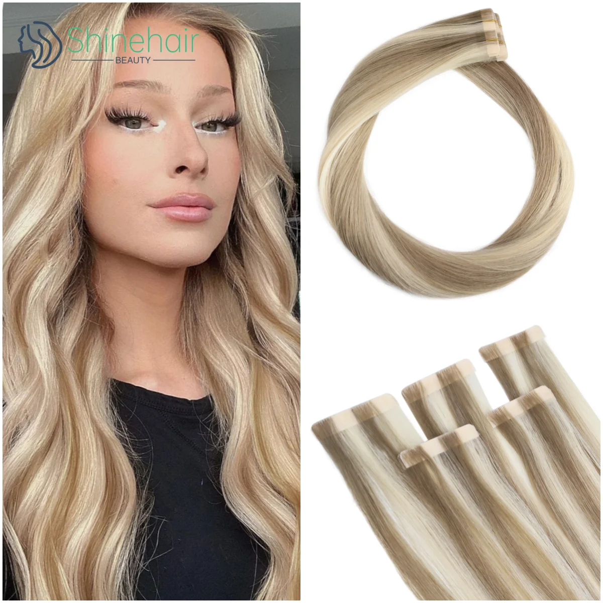 Tape in Hair Extensions 100% Real Human Hair Invisible for Women Straight Piano Color Bundles Human Hair Ombre Wigs for Salon