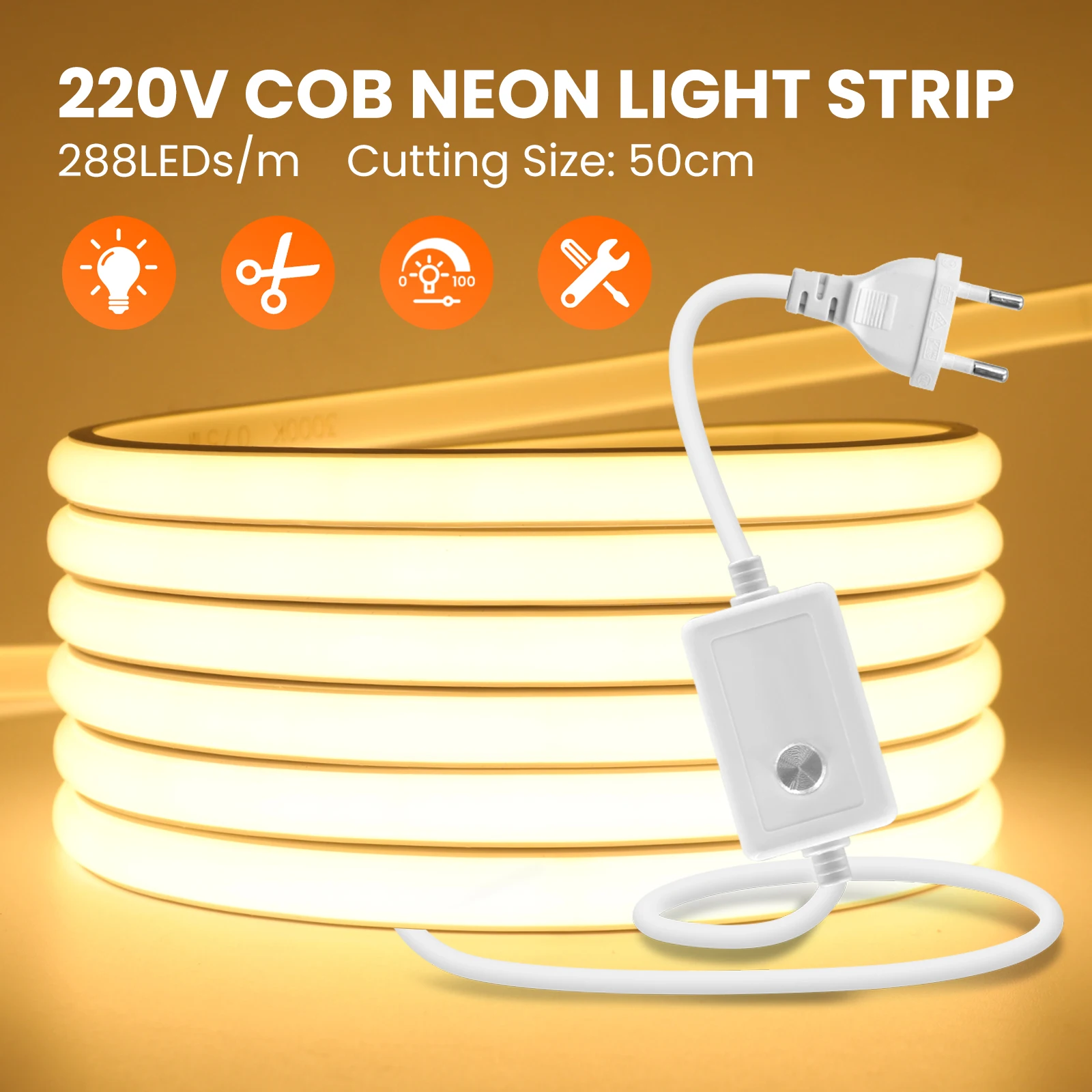 COB LED Strip 220V Dimmable EU UK Power Plug Neon Rope Light Waterproof Natural Warm White Flexible Tape for Home Garden Decor