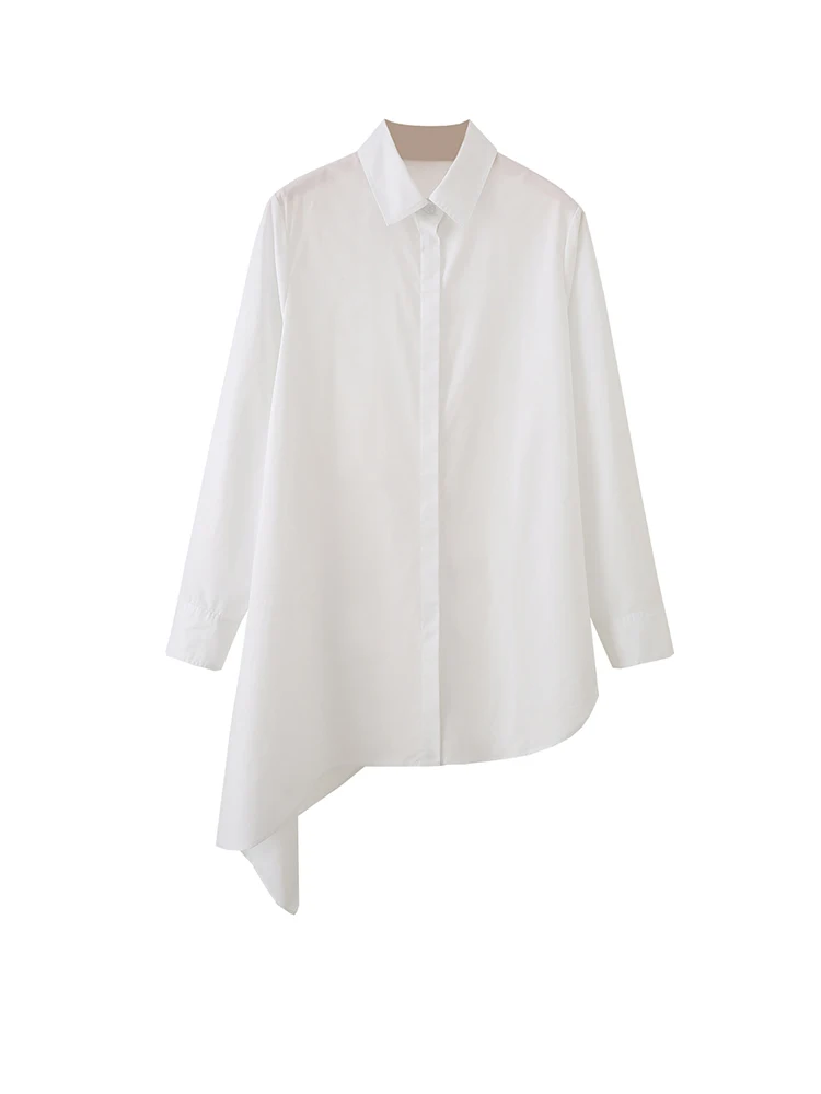 

Женская белая хлопковая рубашка с асимметричным подолом, на пуговицах, с длинным рукавом, свободного кроя, длинная блузка-топ
