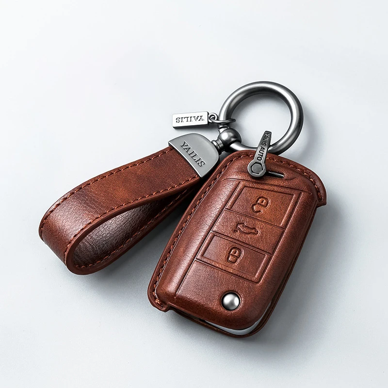 iCAR Genuine Leather for VW Polo Skoda Octavia A7 Kodiaq Seat Ateca Leon Golf 7 Flip Fold Remote Car Key Cover Housing Keychain