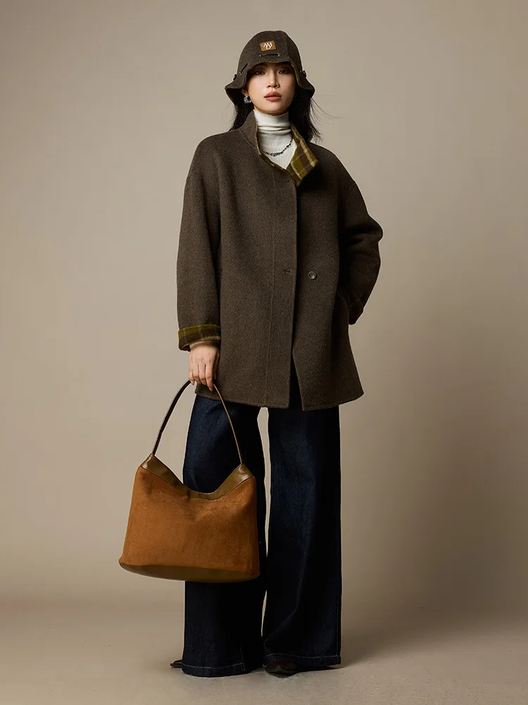 Birdtree, korte jas van wolmix, casual losse tops met opstaande kraag, dubbelzijdig wollen, herfst-winterjas van 2025 T5N410JF