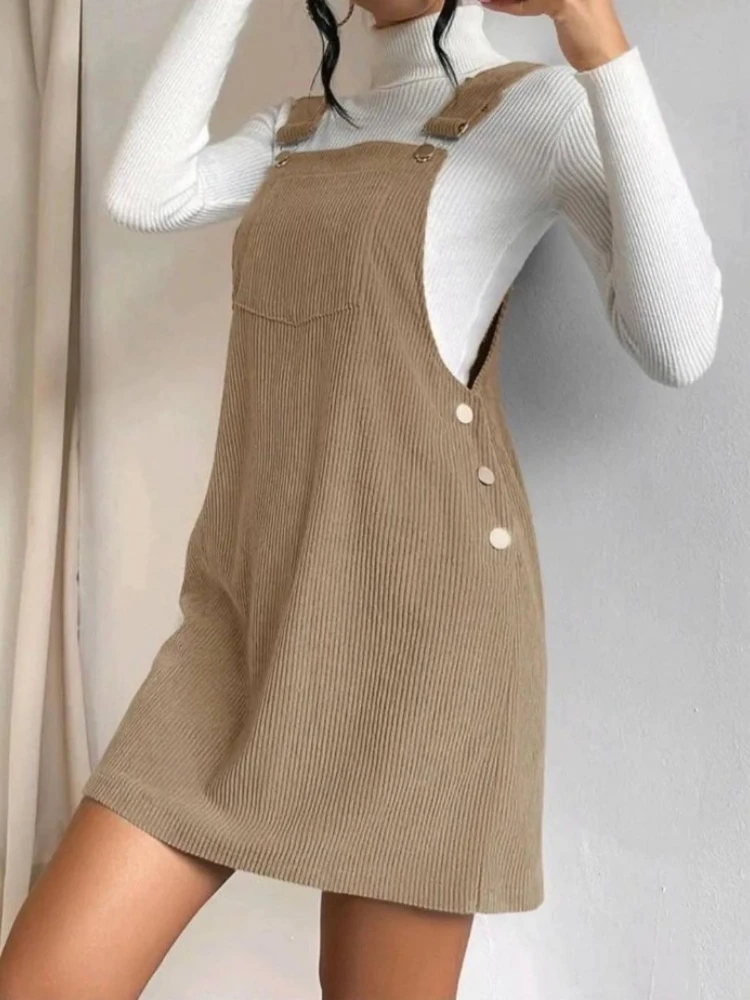 HOUZHOU Corduroy Strap Skirt Women 2023 Autumn Winter Casual Korean Style Cute Slim Solid A-line Mini Skirt for Girls School