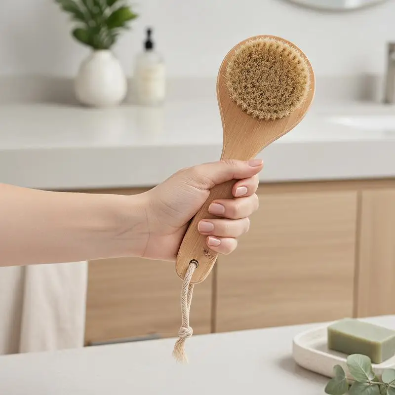 1Pcs Natural Bristle Exfoliating Body Brush With Sturdy Wooden Handle And Hanging Rope For Daily Bath Shower Skin Care