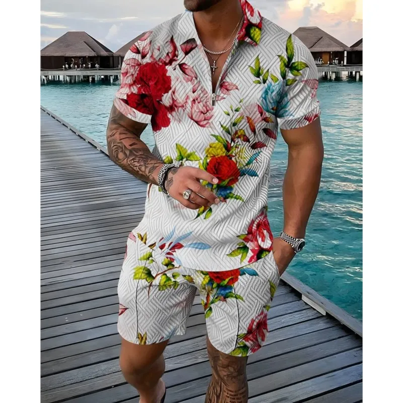 

Men's Flower 3D Print Polo Shirts Shorts Sets Fashion Floral Short Sleeve Shirt Pants Set Suits Man Tracksuit Clothing Oversized