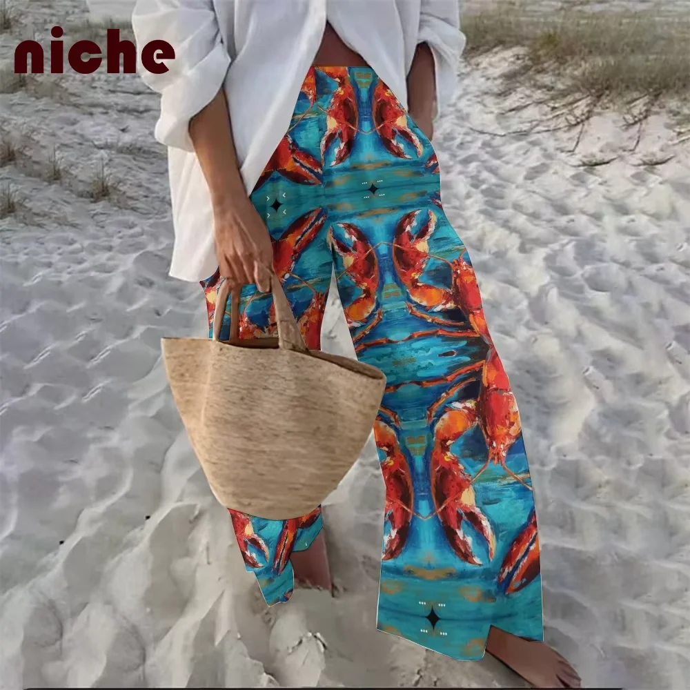 

Chic Women Beach Pants Seaside Crab Fashion Graphic Printing High Quality Fabric Soft Trend New Wide Leg Trousers