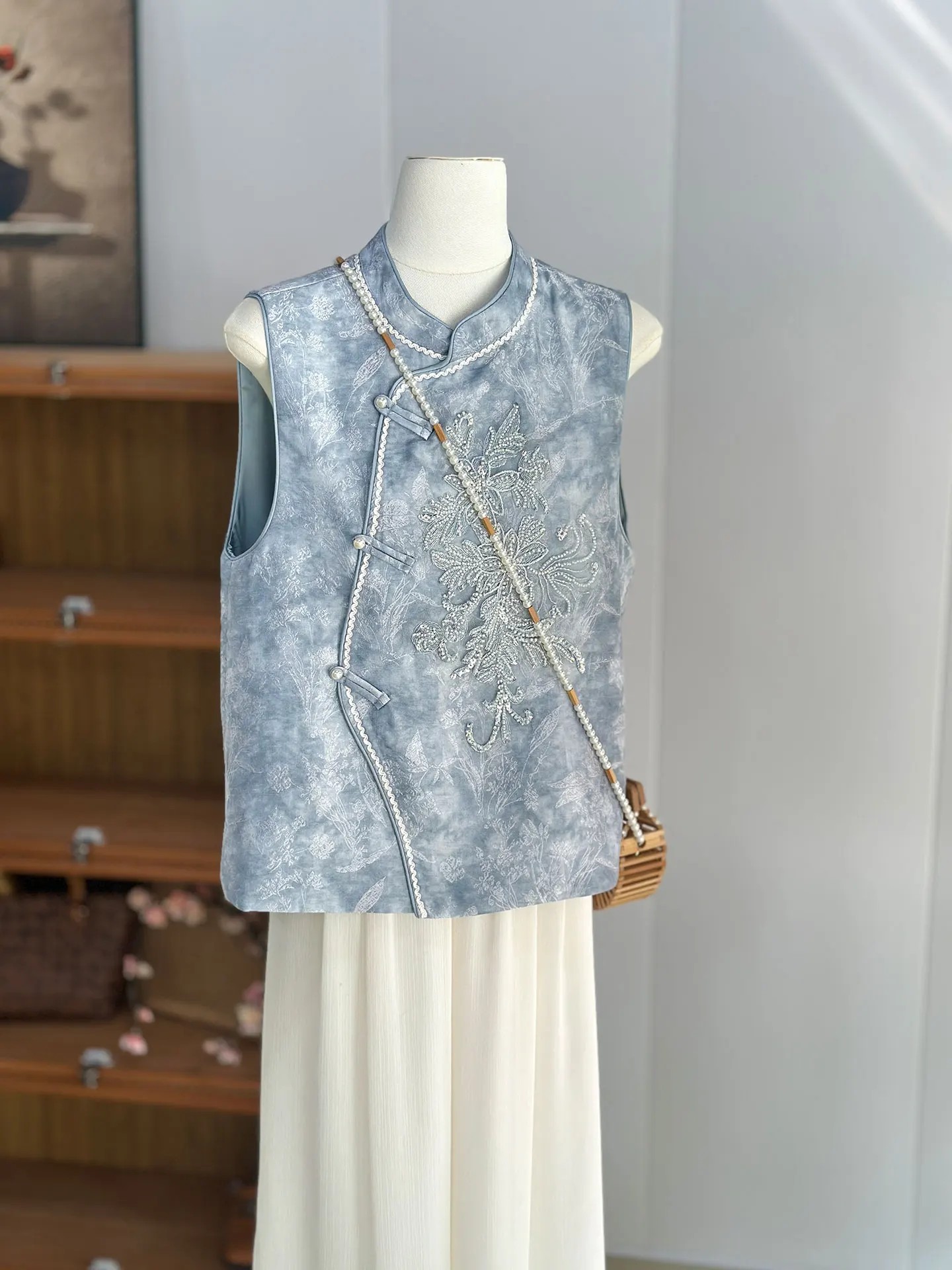 Niebieska Młoda Wyszczuplająca Kamizelka Odzież Wierzchnia Warstwowa Wiosna Jesień Chiński Retro Narodowy Styl Damska Bluzka Do Pracy Elegancka...