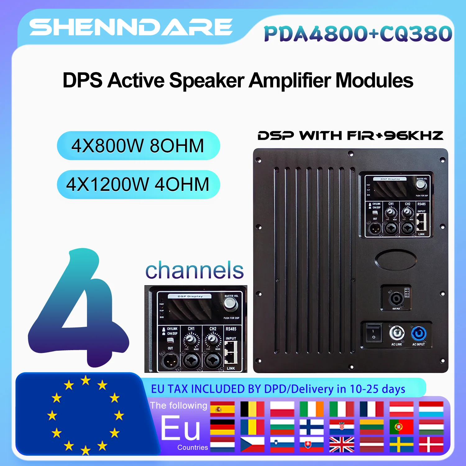 

ShennDare PDA4800+CQ380 Active Speaker Module 4x800W 8OHM FIR DSP Audio Speaker Module 4X1200W 4OHM Subwoofer Amplifier Board