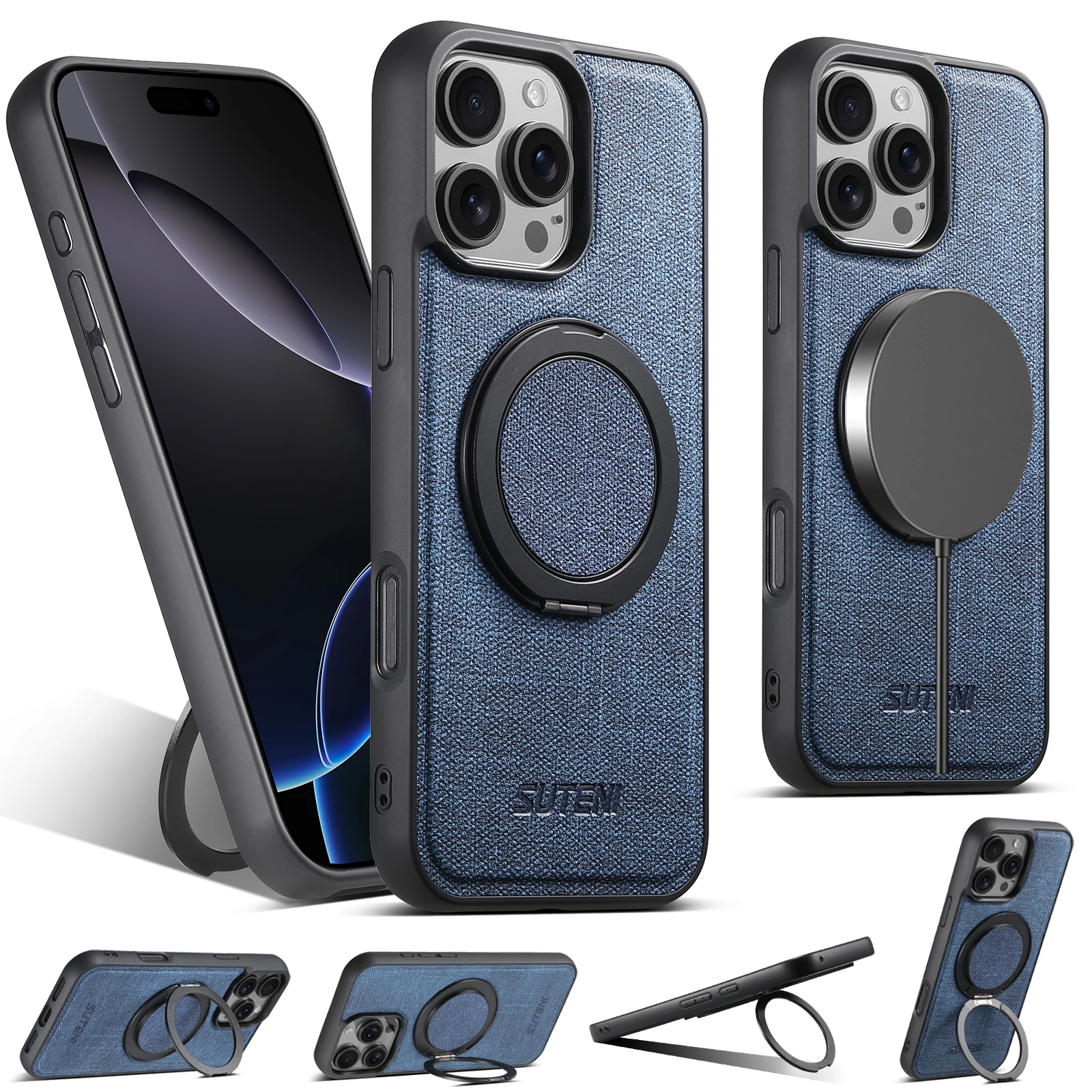 

Чехол для телефона SUTENI из искусственной кожи с магнитом и беспроводной зарядкой 360° ° Вращающаяся подставка с кольцевой пряжкой и матовым ощущением для iPhone 16 Pro Max