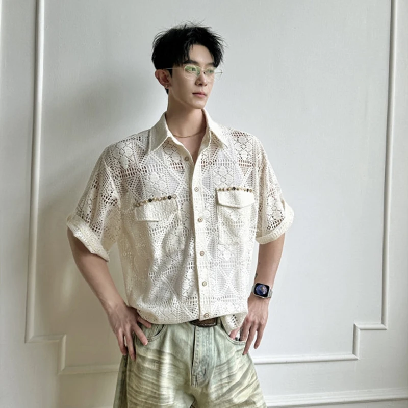 WTHT Fashion Men's Hollow Out Beads Pockets Design Shirts Trendy Short Sleeve Turn Down Collar Tops Male 2026 Summer 2A3050