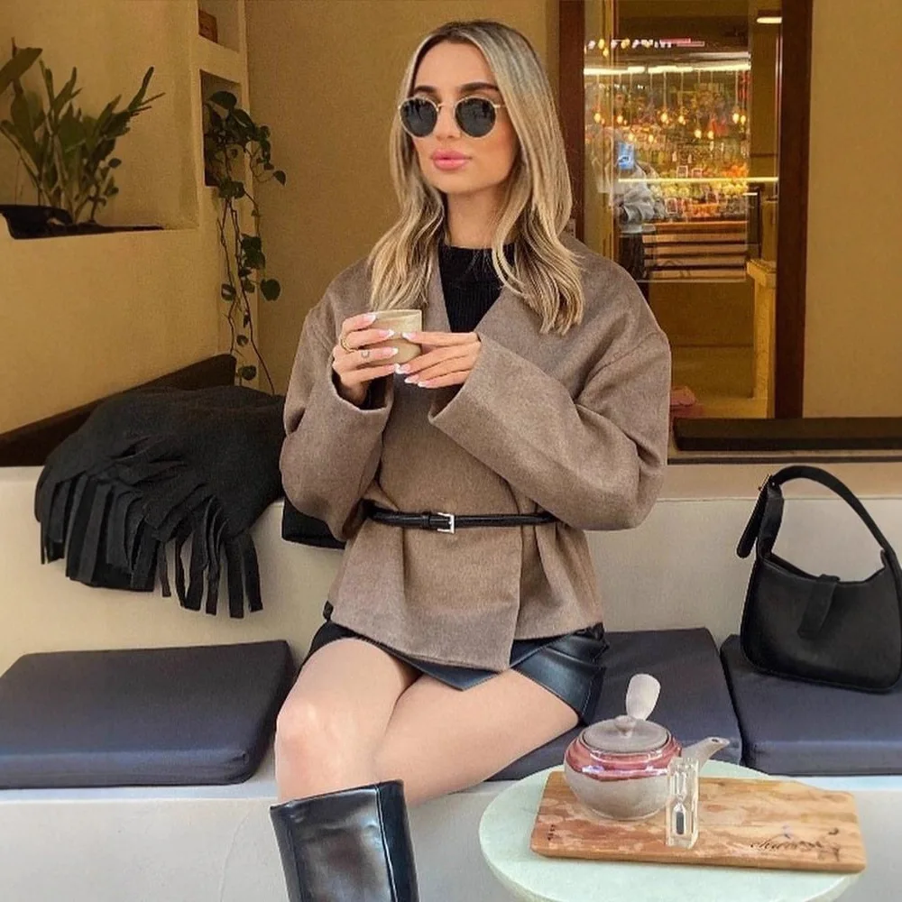 

Модная пригородная нежная верхняя одежда с длинными рукавами, женская весенне-осенняя элегантная мягкая куртка с v-образным вырезом и завязками на талии