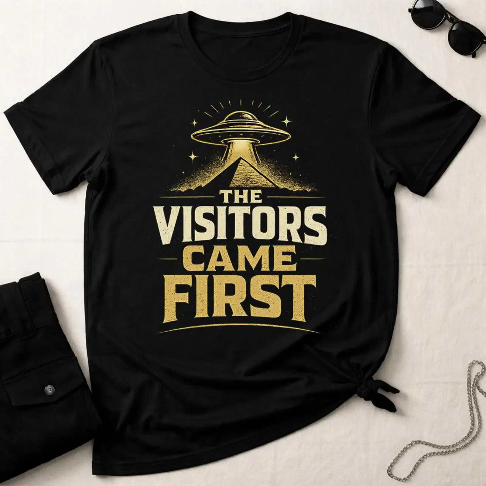 The Visitors Came FirsT T Shirt UFO Pyramid Statement Ancient Alien Mystery  vintage Washed Comfortable Versatile homme Casual