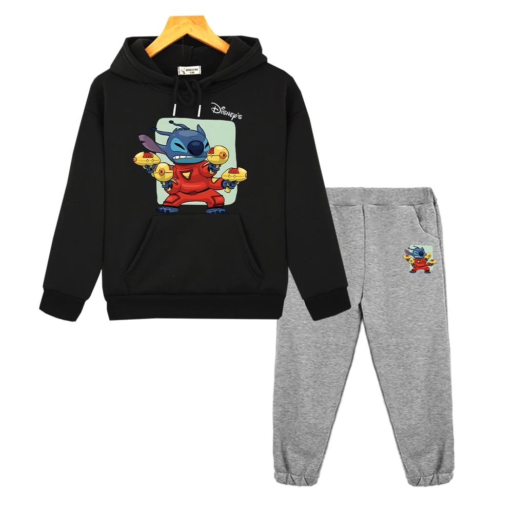 Stitch Anime hoodie kaus bulu domba olahraga anak laki-laki perempuan set bertudung olahraga Disney kasual 2 potong pullover + Celana Jaket pakaian butik anak-anak