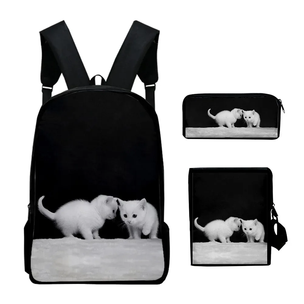 3D Cat Print School Bags, Harajuku, Aluno, Mochila Laptop, Mochila, Bolsa de Ombro Inclinada, Estojo Lápis, Popular, 3pcs por