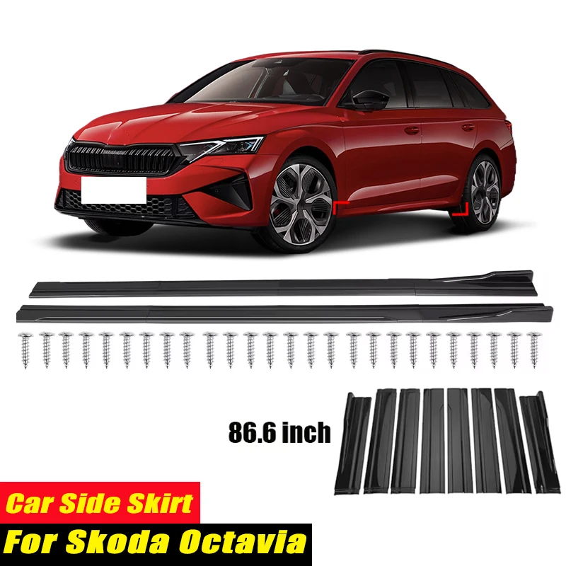 For Skoda Octavia Racing Style Side Skirts 86.6Inch 2.2M Rocker Panels Side Lip, ABS 8Pcs Glossy Black Car Body Kit