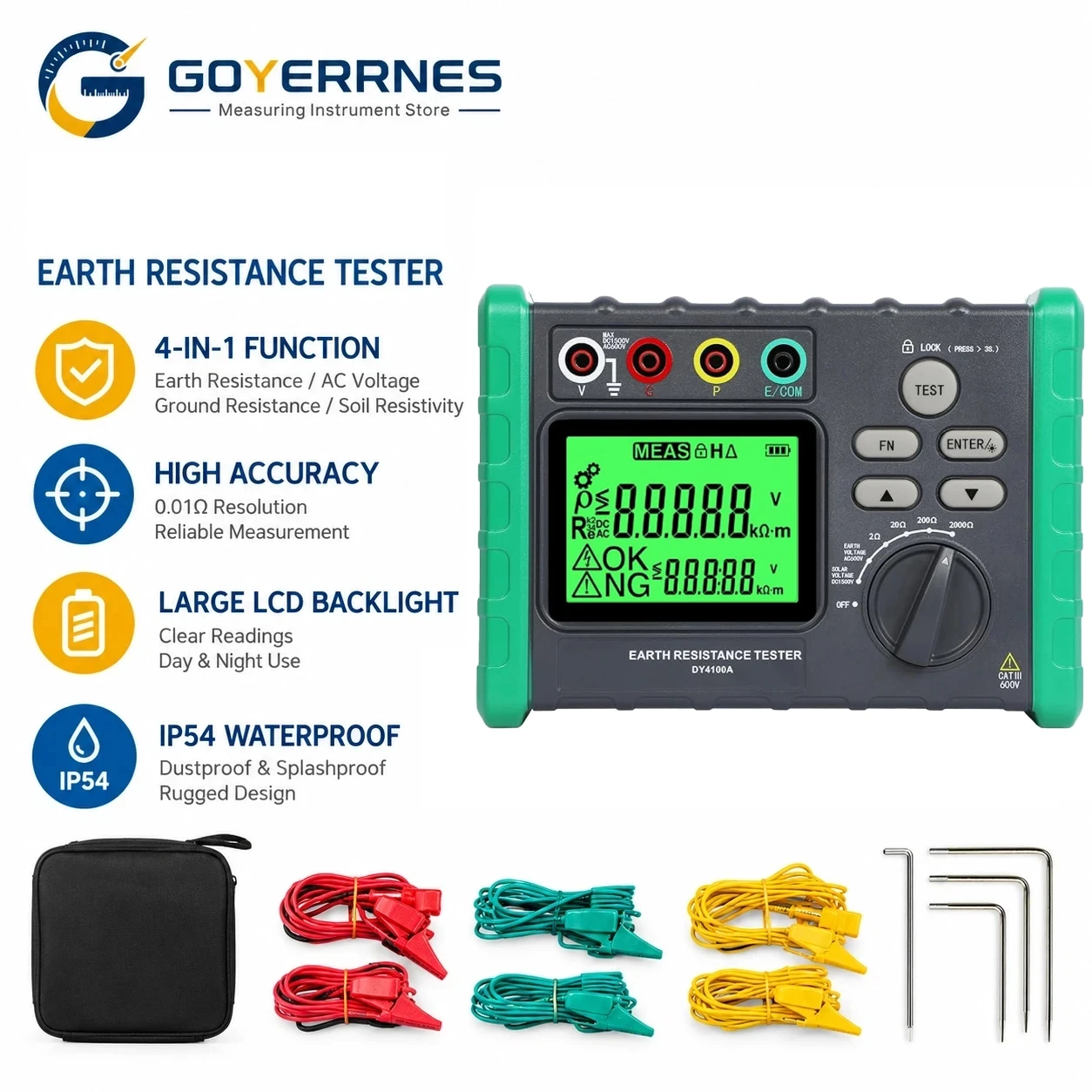 Earth Ground Resistance Tester 4 Wire 2/3/4 Pole Soil Resistivity Meter 2000Ω for Power Electrical Maintenance