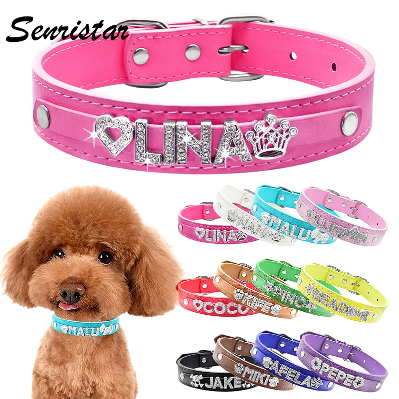 Personalized Bling Name Cat Dog Collar Custom Glitter Rhinestone Letters Name Leather Dog Collar For Small Medium Large Dogs