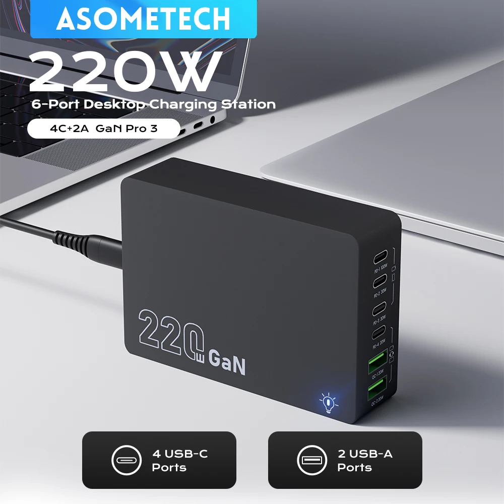 

220W GaN Desktop Charger 6-Ports PD 100W USB Type C QC 3.0 Fast Charging Station for IPhone 16 Pro Tablet Macbook Samsung Laptop