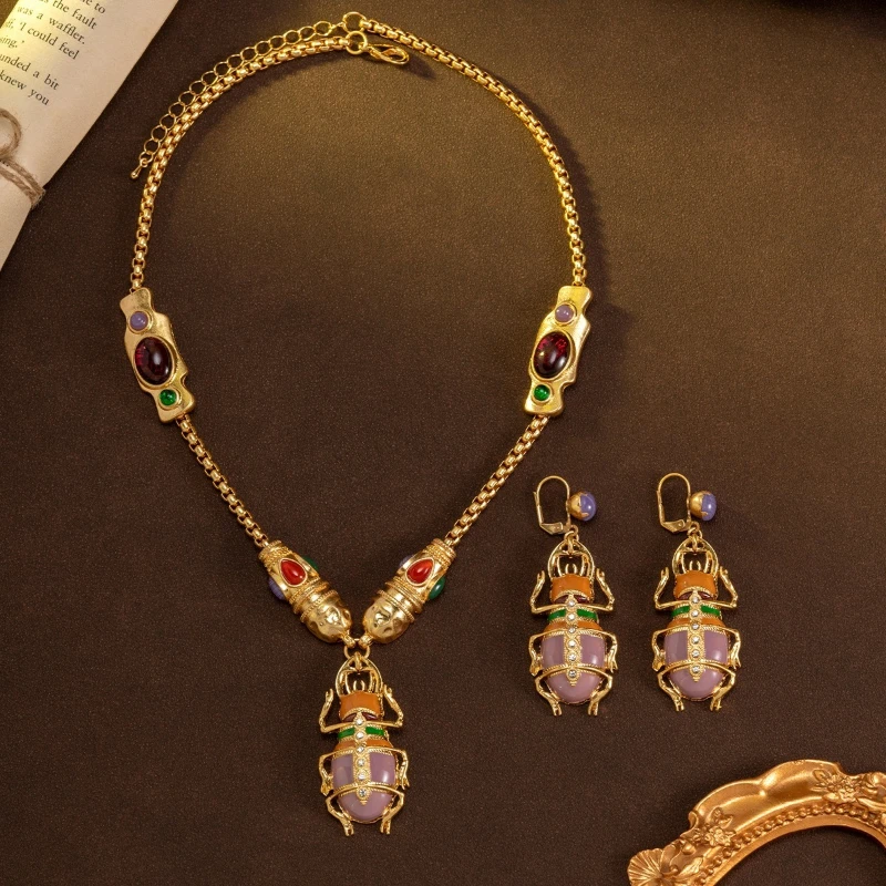 

Vintage Beetle Necklace Earrings Set for Women Insect Pendant Party Jewelry Gift