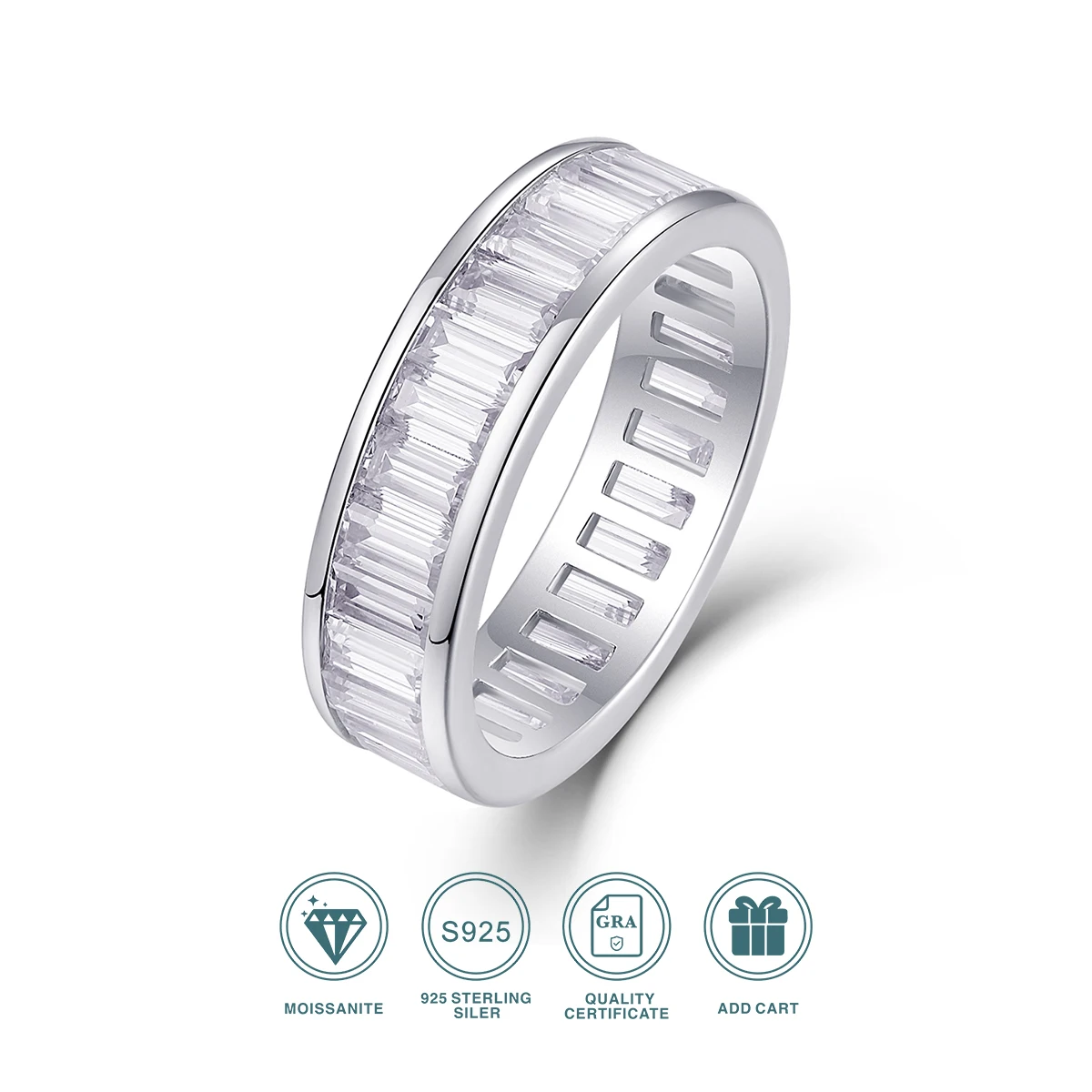 S925 Silver Iced Out Baguette Cut Moissanite Eternity Ring Fine Jewelry Platinum Plated Pass Diamond Tester Wedding Band Gift