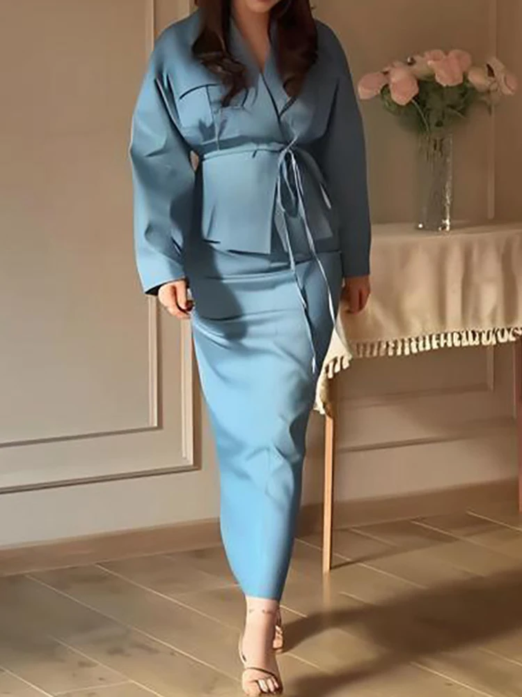 

Осень-зима, однотонный офисный костюм на шнуровке, простой повседневный наряд для вечеринки, женская куртка с воротником с лацканами и длинными рукавами и юбка, комплект из 2 предметов