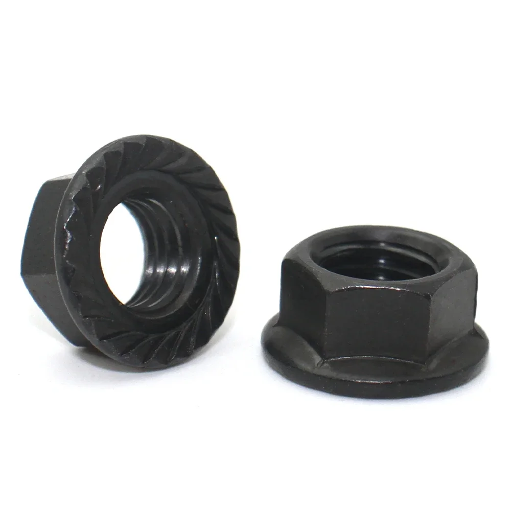 5/10/25/50 Uds acero al carbono negro M3 M4 M5 M6 M8 M10 M12 cabeza hexagonal dentada Spinlock tuerca de bloqueo de brida