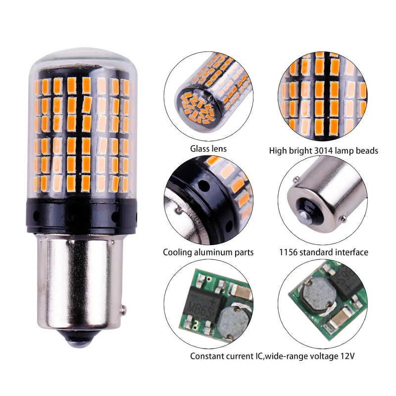 BAU15S 7507 Turn Signal Light PY21W 5009 Canbus No Error Led Bulb Amber Blinker 144SMD High Brightness Turn Signal Full Decoding