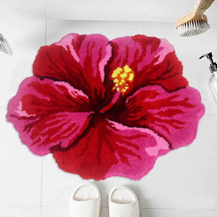 80X60cm Red Hibiscus Flower Flocking Rug Bathroom Bath Mat Non-slip Carpet Bedroom Living Room Handmade Shaggy Floor Pad Doormat
