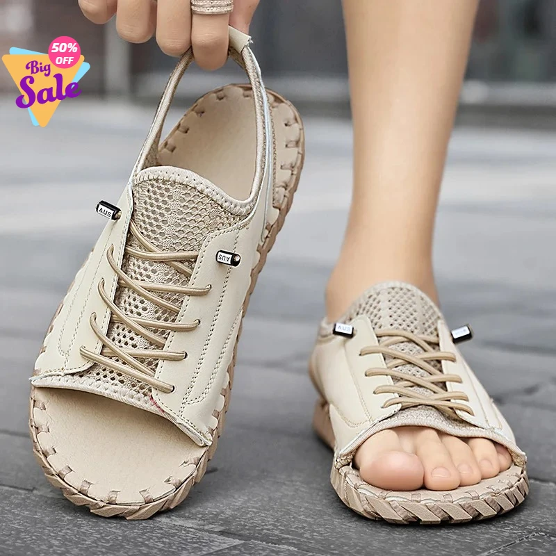 

Повседневные дышащие сандалии 2026 года для мужчин: летние пляжные сандалии класса люкс с перфорацией, кожаные туфли для ходьбы, новинка