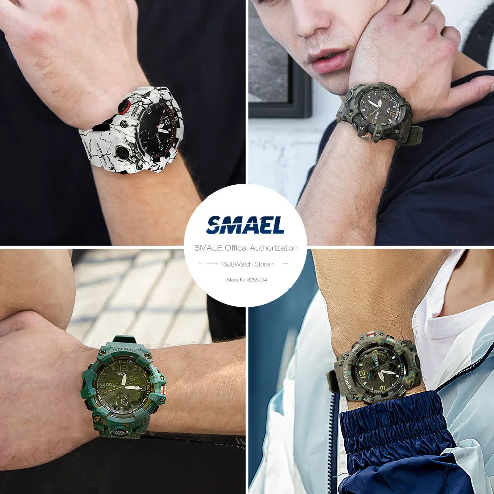 SMAEL Military Sport Watches for Men LED Dual Time Display Digital Wristwatch Fashion Waterproof Chronograph Quartz Watch Male