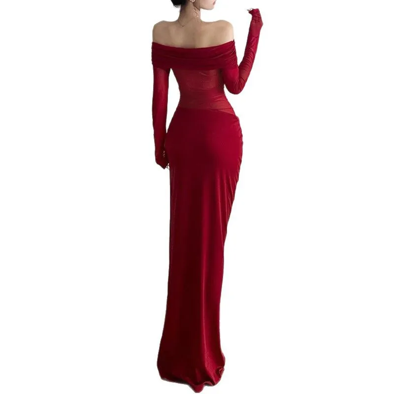 2025 Sommer Neue Damen Stil Sexy One Shoulder Mesh Transparent Langes Kleid