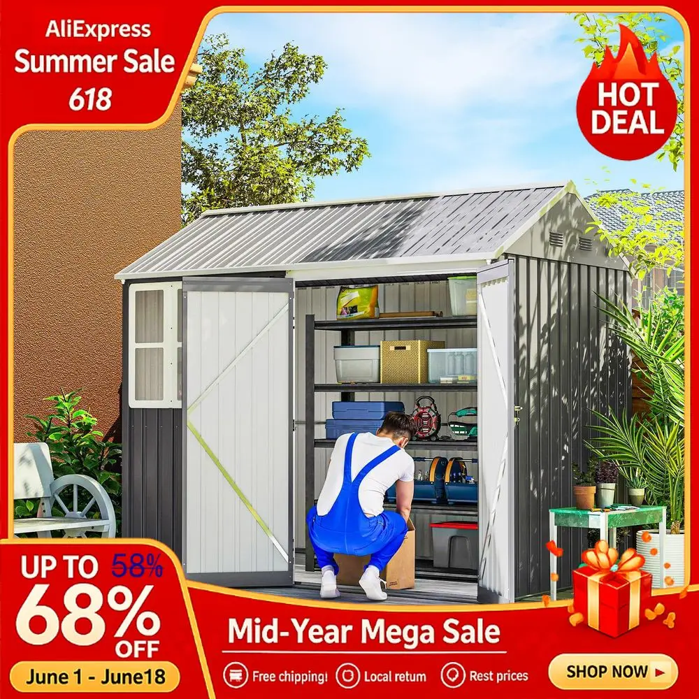 

8 x 5.5 Outdoor Storage Shed, Metal Garden Shed with Window amp Double Lockable Door, Outdoor Tool Shed Storage with Slop Custom