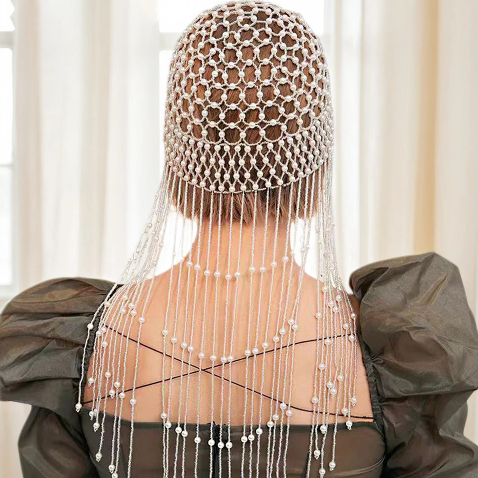 パールタッセルヘッドドレスシルバービーズチェーンヘアアクセサリー女性用写真スタジオポートレートコスプレパーティー