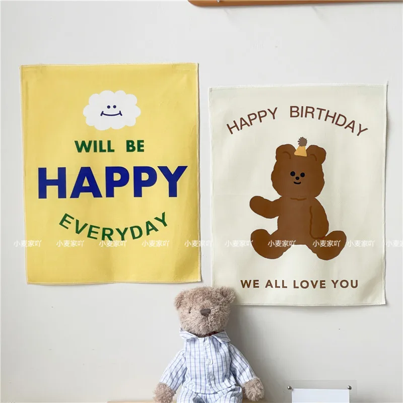 VIKAMA Ins-Style Hanging Cloth, Yellow Smiling Face Cartoon Oil Painting Bear Tapestry, Birthday Cake Photo Background Cloth