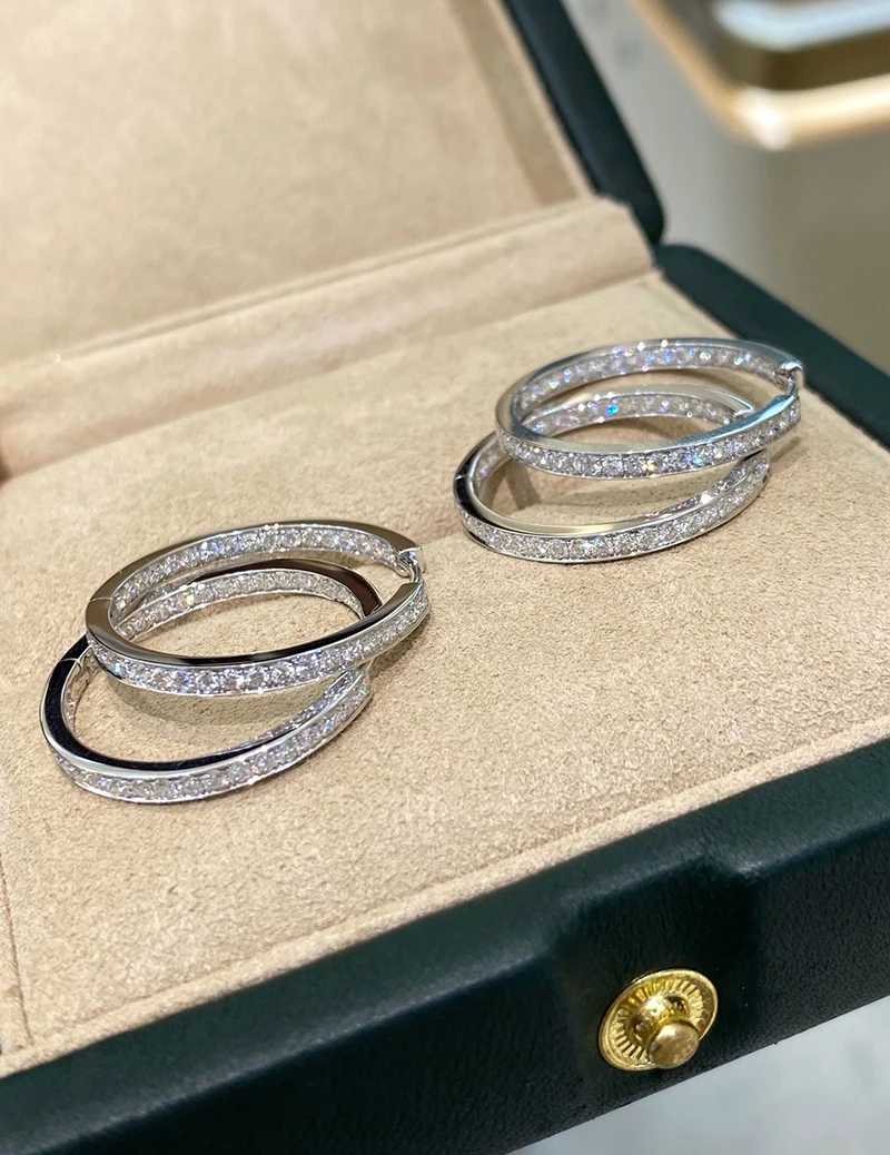 LUOWEND 100% 18K White Gold Earrings Luxury Classic Design 25mm Real Natural Diamond Hoop Earrings for Women High Party Jewelry