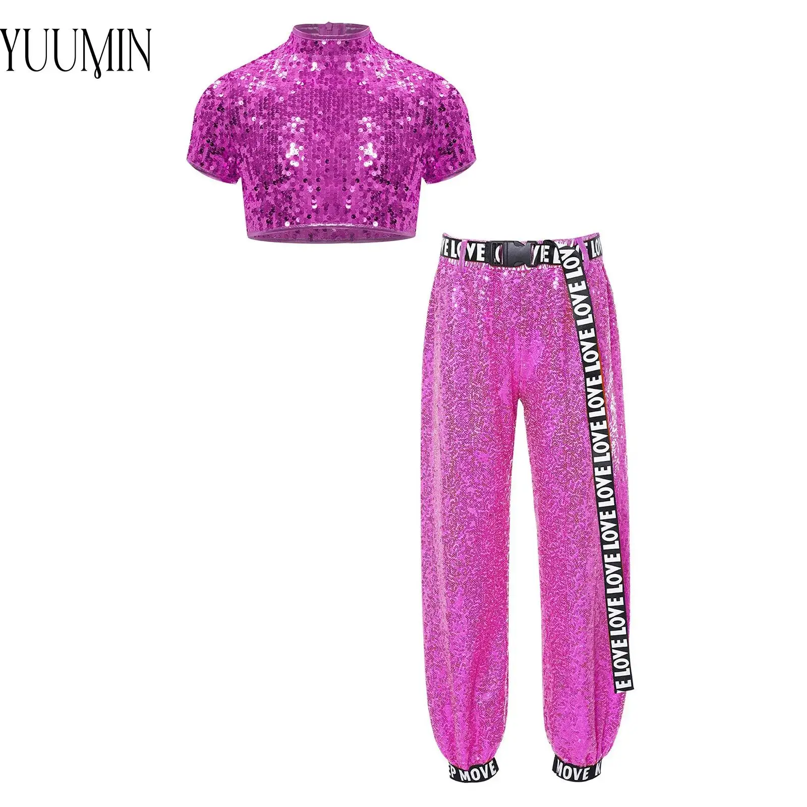 Girls Sparkly Sequins Dancewear Suit Crop Top and Pants Hip Hop Jazz Dance Stage Performance Trousers with Letter Print Belt