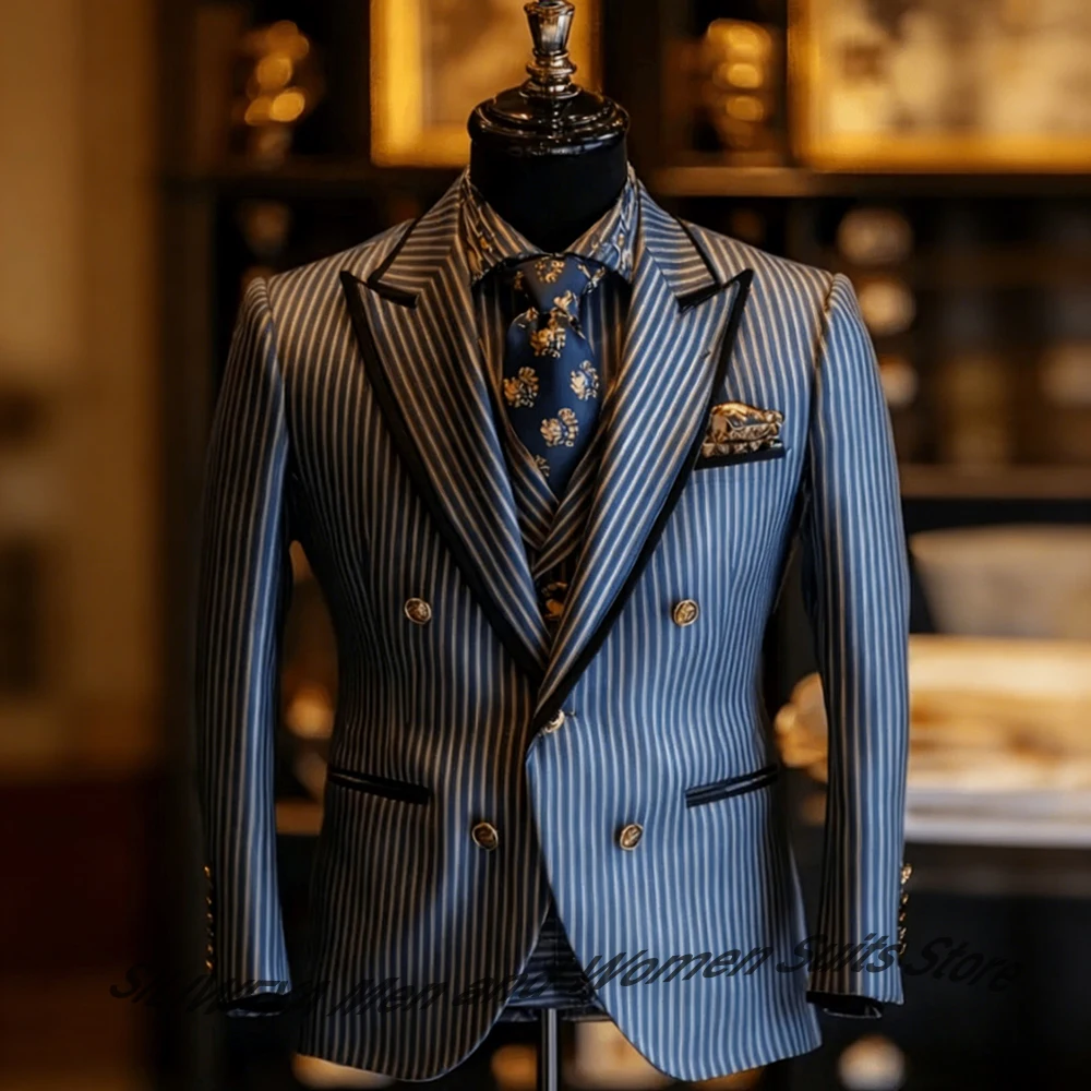 

Luxury Striped Men's Suits and Separates with Black Trim Double Breasted 3 Pieces Jacket Vest Pants Formal Evening Party Wear