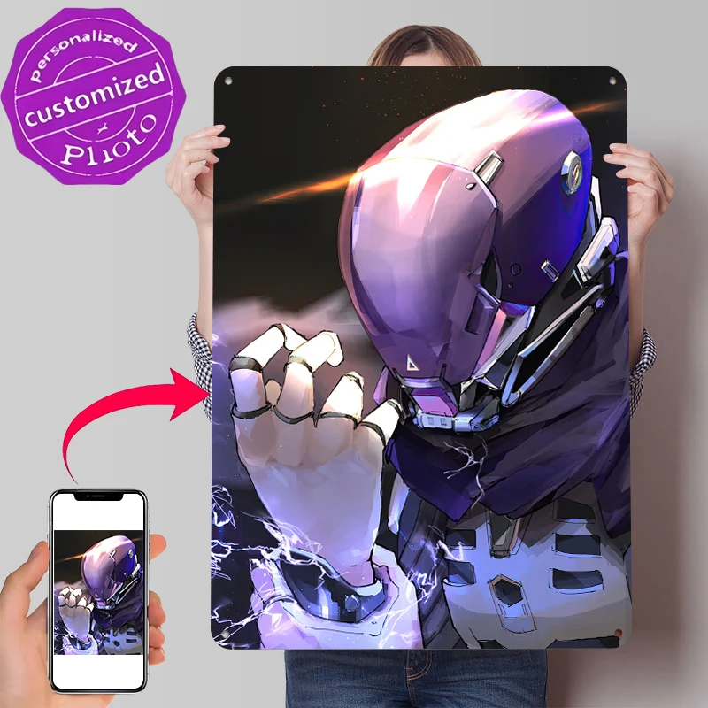 Futuristic Robot With Glowing Hand Metal Poster Customized Wall Art Retro Vintage Metal Signs for Man Cave Home and Decoration