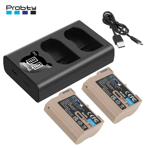 Probty 2850mAh EN-EL15C EL15C EN EL15 배터리 + Nikon Z5, Z6, Z6 II, Z7, Z7II,Z8,D780, D850, D7500용 2채널 충전기