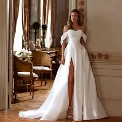 Custom Made Slit Wedding Dresses For Woman A-LINE Satin Beaded Off Shoulder Sweetheart Robe De Mariée Bride Gown