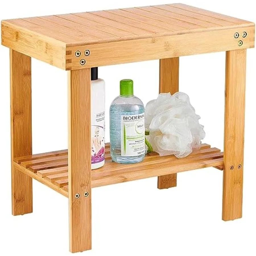 Bamboo Shower Bench, Spa Bench Seat Stool, Foot Rest Shaving Stool with Non-Slip Feets and Storage Shelf, Works in Bathroom/Liv