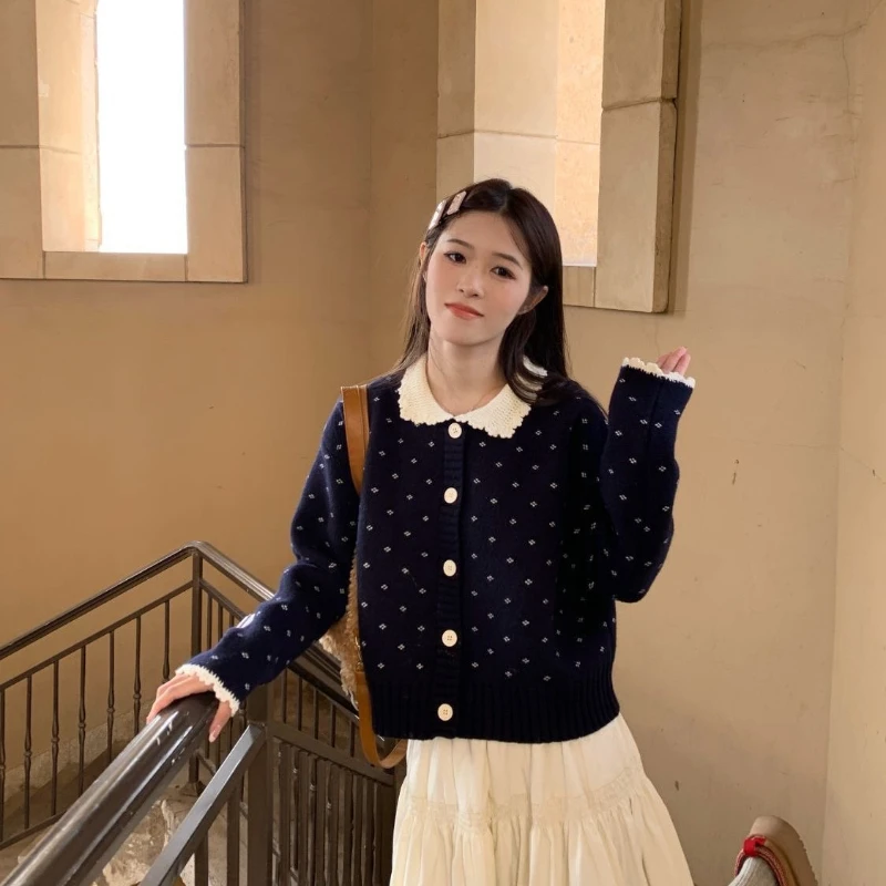 Cardigans Women Printing Peter Pan Collar Sweet Girls Knitted Loose Sweaters Keep Warm Lovely All-match Button-up Korean Style