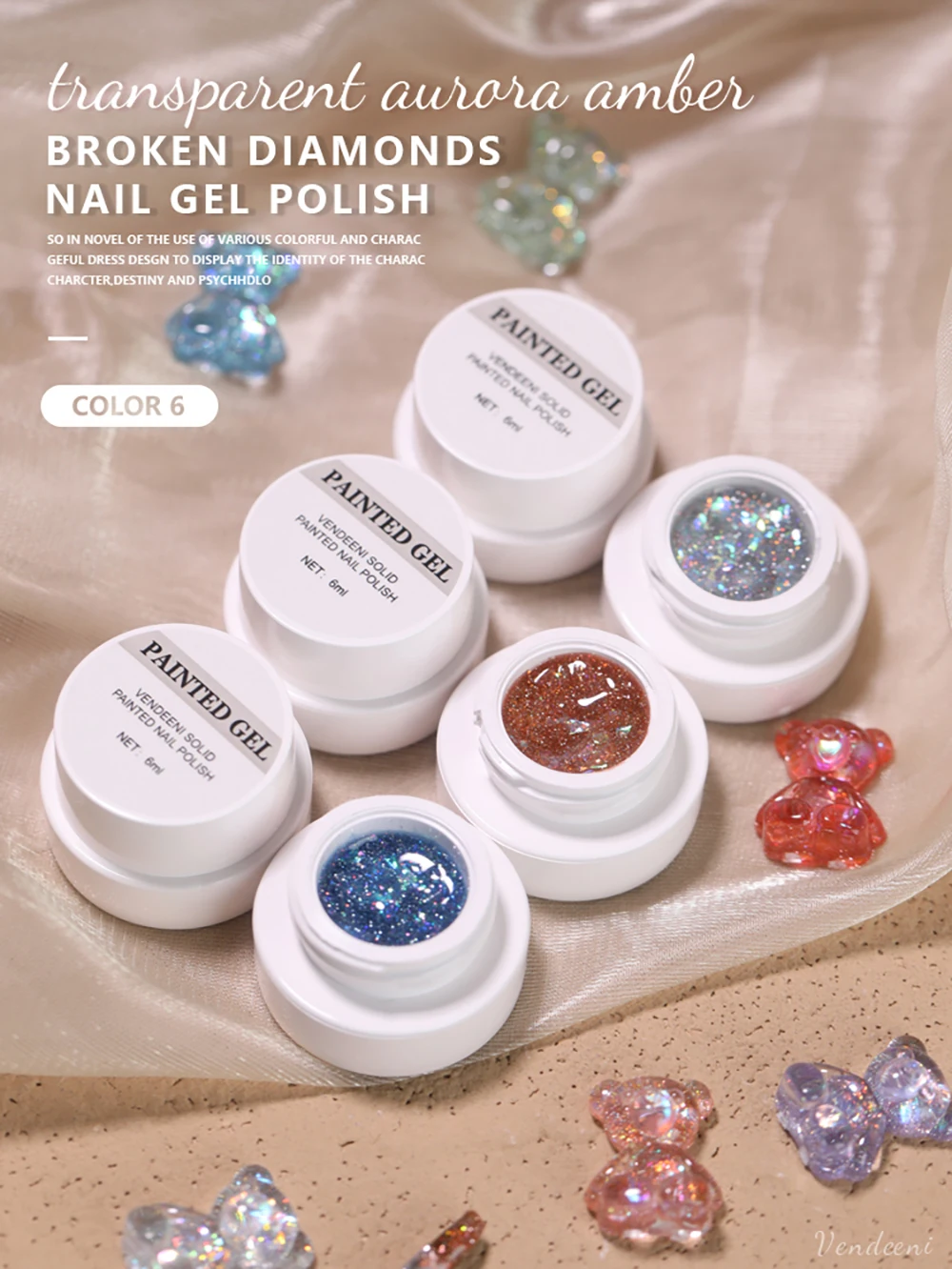 Vendeeni 6 Farben/Set Transparenter Aurora Broken Diamond Gel Nagellack UV Soak Off Gel Lack Glitzer Pailletten Jelly Gel Lack – Detail 1