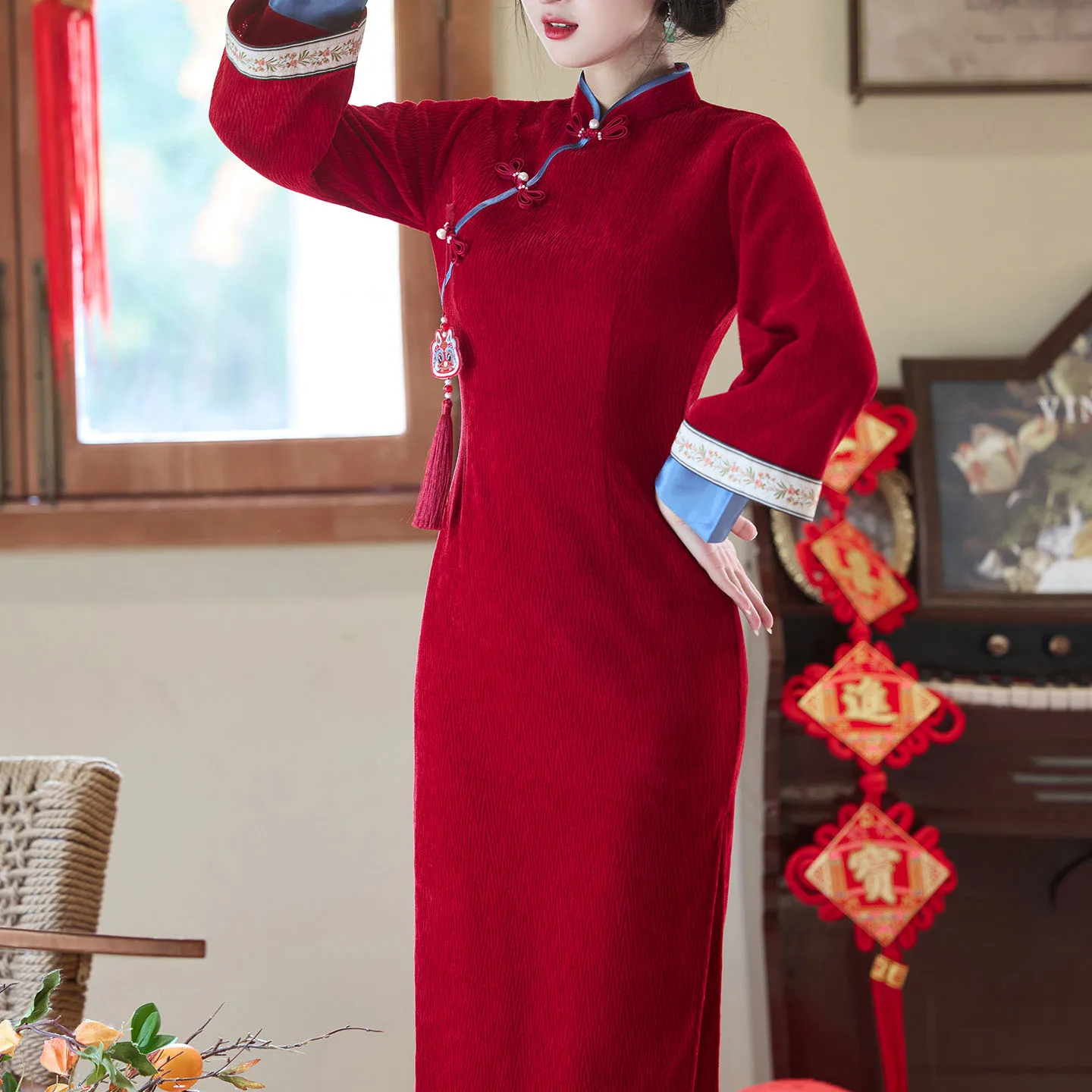 النمط الصيني السنة الجديدة مهرجان الربيع Chesongam الأحمر سميكة تشيباو فراشة طباعة سترة المرأة الخريف الشتاء فستان هانفو Vestidos #3