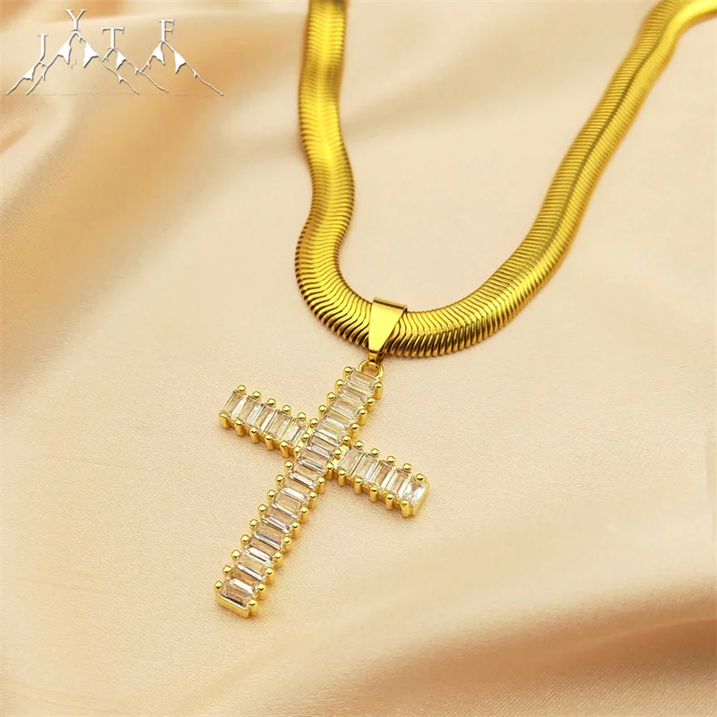 

Hiphop Cross Rhinestone Copper Pendant Necklace For Women Stainless Steel Snake Chain Statement Men Gold Color Jewelry Gift