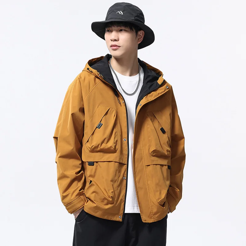 Men's Japanese Style Hooded Multi-Pocket Windbreaker Jacket Windproof Outdoor Casual Utility Work Jacket Loose Fit Sport Coats