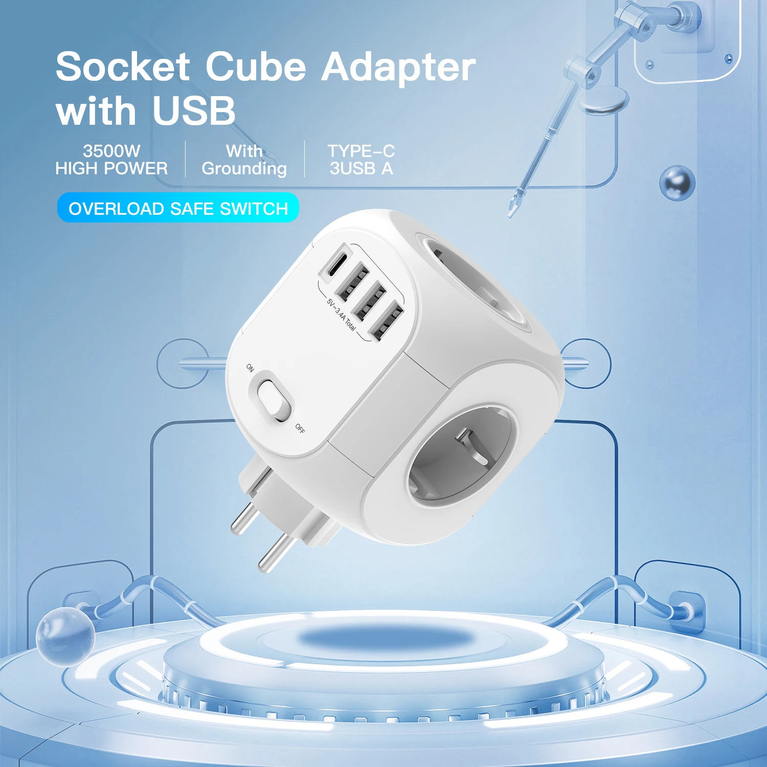 8-in-1 EU Plug Power Socket Extender – 4 AC Outlets, 3 USB, 1 Type C Charging Station with On/Off Switch