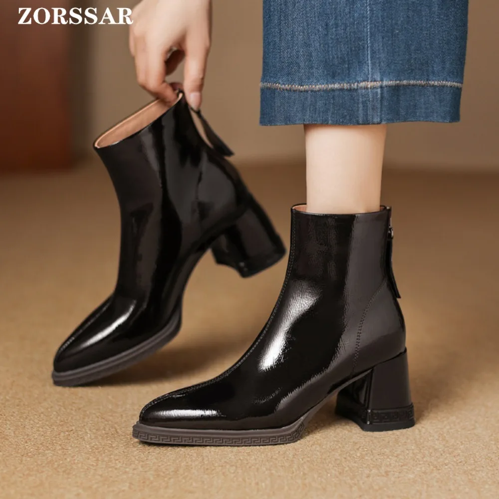 

Женские ботильоны с острым носком, модные короткие ботинки с молнией сзади, женская элегантная зимняя женская обувь на высоком квадратном каблуке