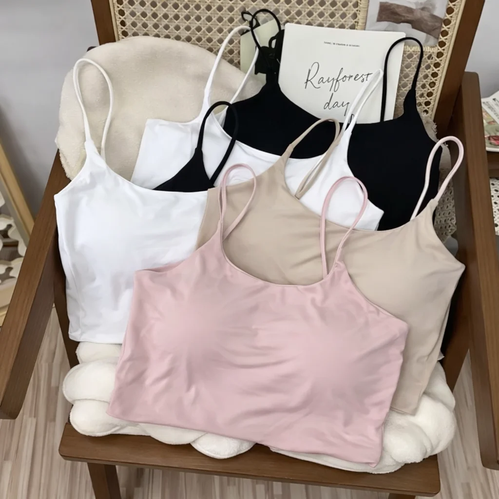 Women Seamless Padded Camisole Top Soft Stretch Spaghetti Strap Crop Tank with Built-In Bra for Daily Wear Layering
